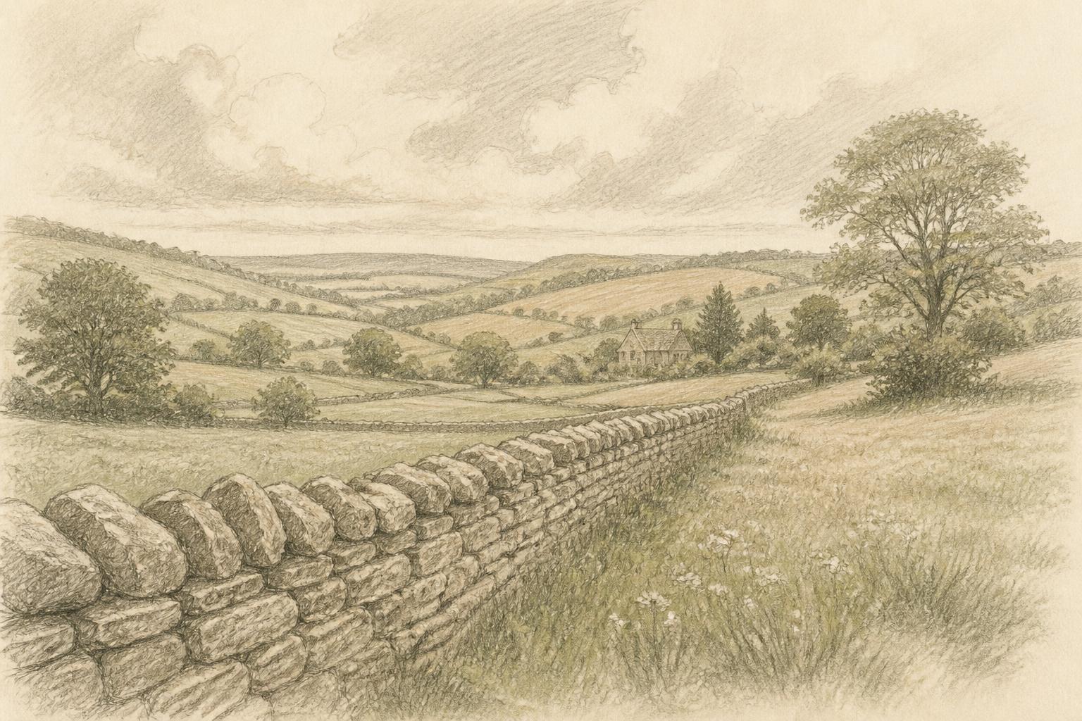 Pencil sketch of rolling English countryside with a Cotswold stone wall, distant cottage and trees