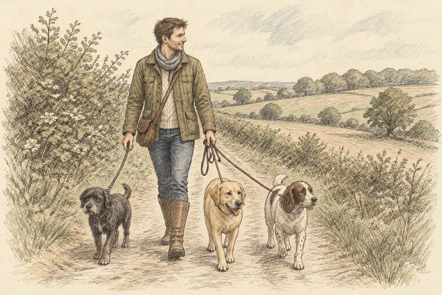 Pencil and watercolour sketch of a woman walking three dogs along a hedgerow path through the English countryside