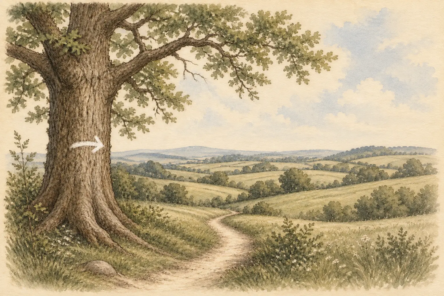 Pencil and watercolour sketch of an oak tree with an arrow marking a path along the trunk, set in rolling Cotswold countryside