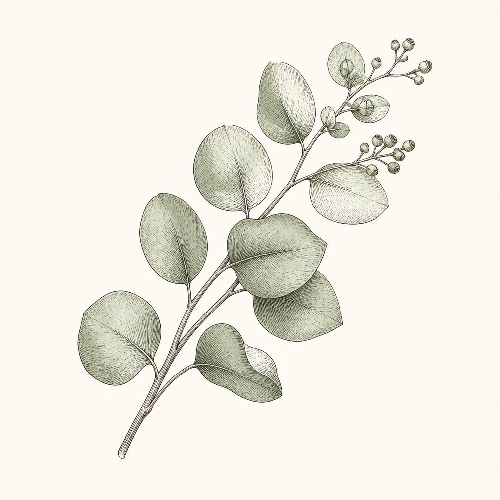 Pencil sketch of a eucalyptus branch with rounded leaves, symbolising steady growth in business