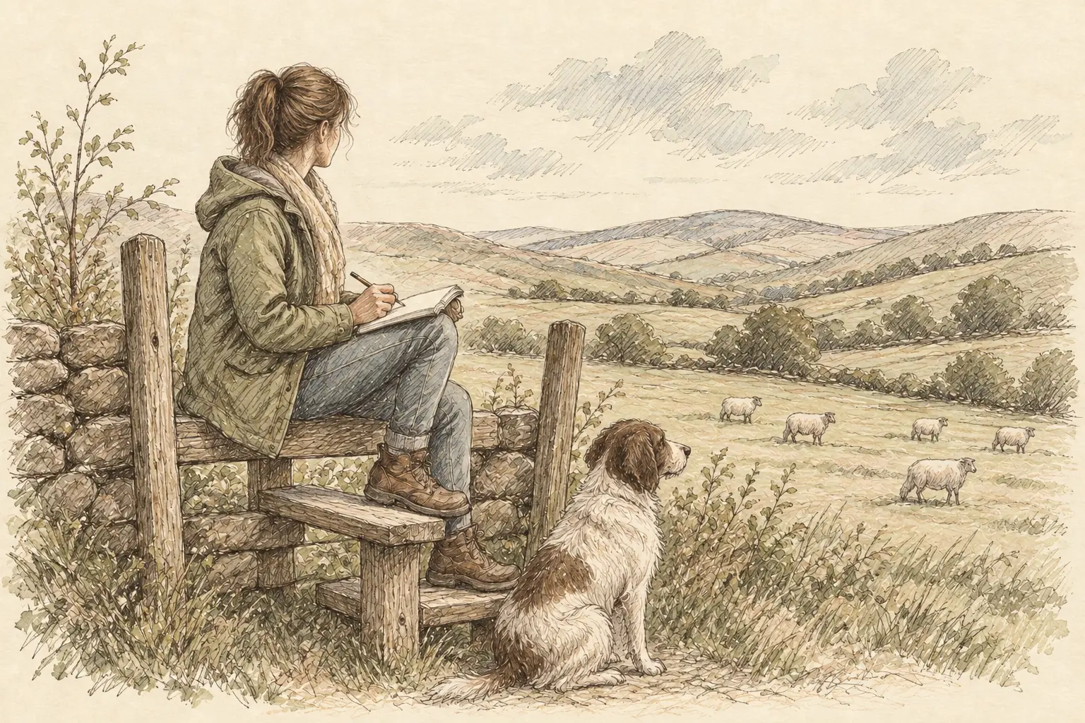 Pencil and watercolour sketch of a woman sitting on a wooden stile with a notebook and her dog, sheep grazing in the field beyond