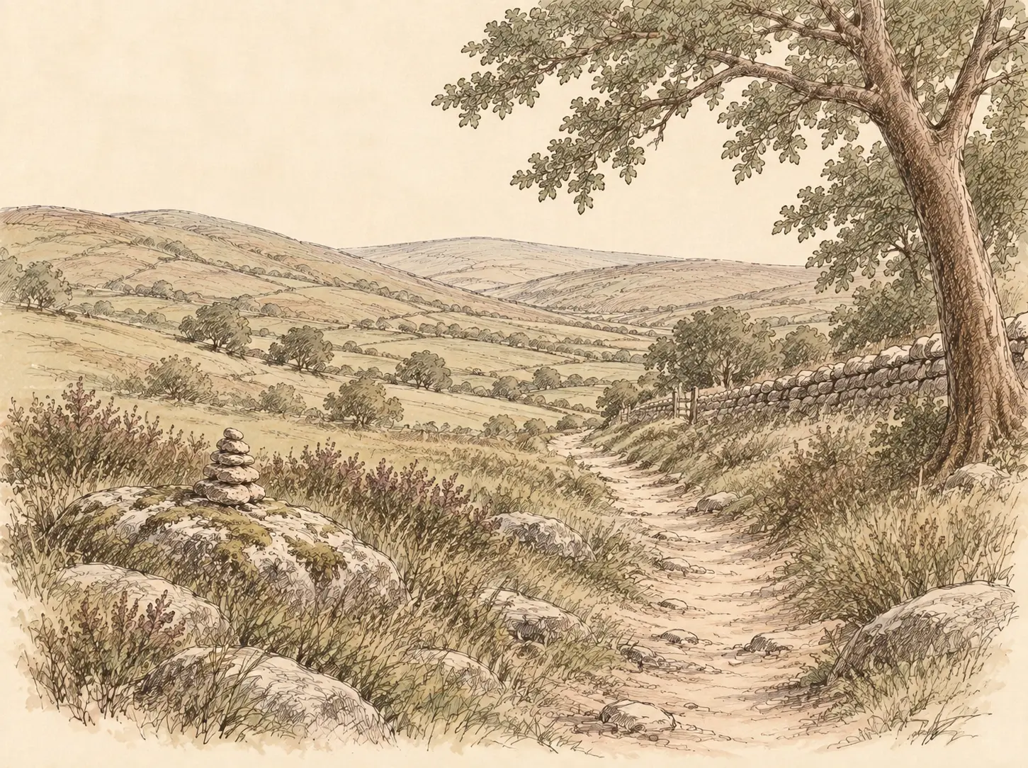Pencil and watercolour sketch of a winding path and stone cairn in the Cotswold countryside