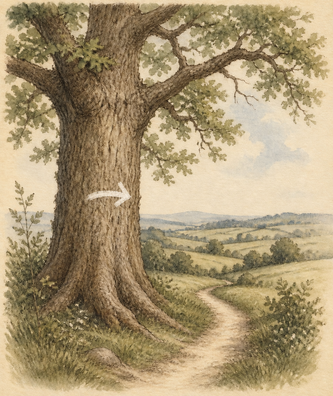 Pencil and watercolour sketch of an oak tree with an arrow marking a path along the trunk