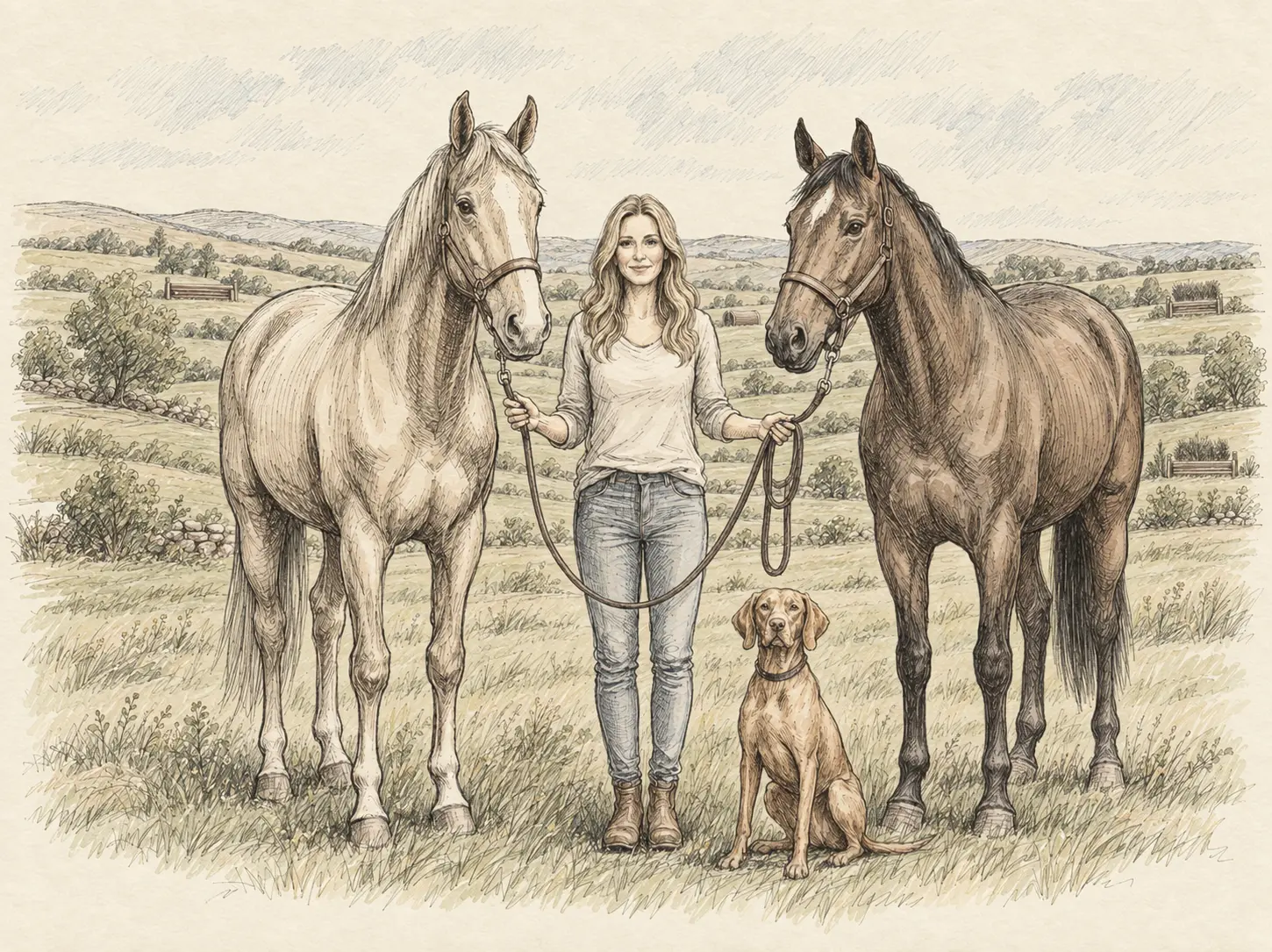 Pencil sketch of Meghan standing in a Buckinghamshire field holding the lead ropes of two horses, with her vizsla dog sitting at her feet