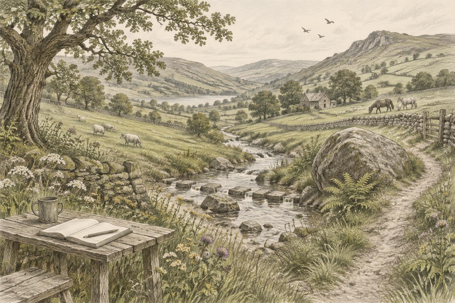 Pencil sketch of the English countryside with stone walls, sheep, horses, a stream with stepping stones, an oak tree and a notebook on a wooden desk, symbolising working in flow and overcoming obstacles
