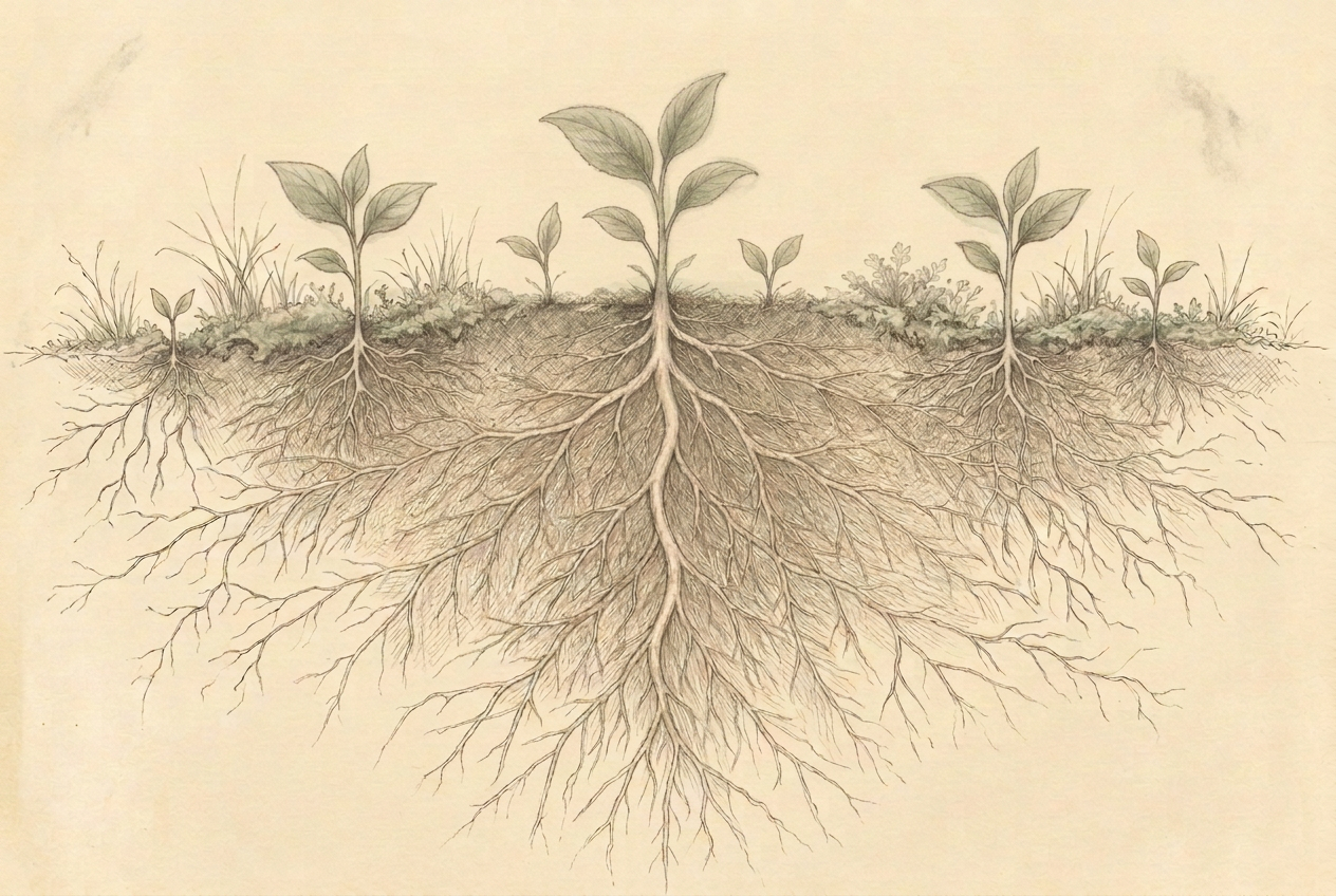 Pencil sketch of seedlings with extensive root systems, symbolising the strong foundations we help put in place for your business